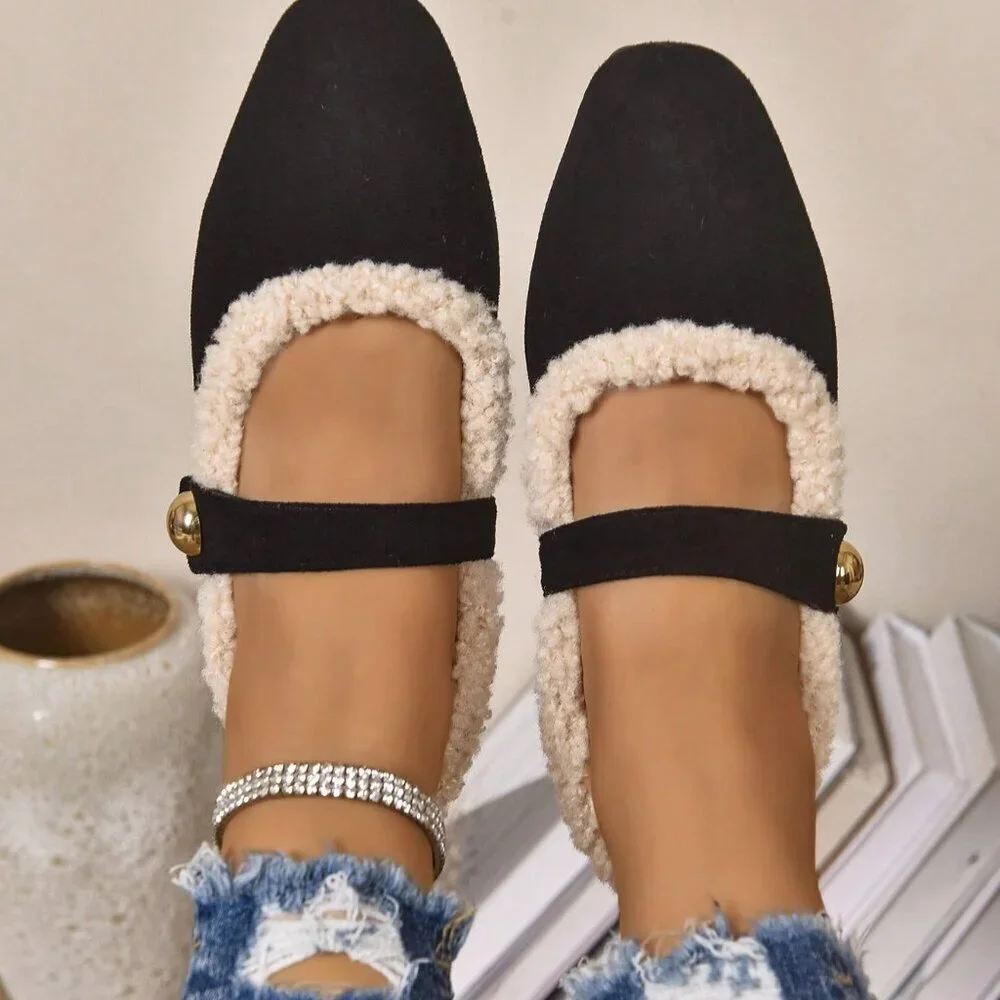 Black Elegant Women's Plus-Size Warm Thermal Lined Flat Shoes with Metal Buckle